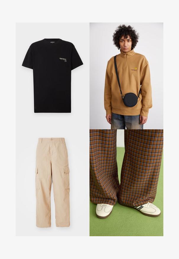 Crna pamučna majica s kratkim rukavima, okruglim izrezom i malim bijelim logotipom otisnutim na lijevoj strani prsnog područja.; Bež kargo hlače s opuštenim krojem, izrađene od lagane tkanine, s dva bočna kargo džepa i kopčanjem na gumb u struku.; Smeđe i plave karirane široke hlače uparene s bijelim cipelama s crnim akcentima i teksturiranim potplatom, na zelenoj pozadini.; Smeđa flis dukserica s četvrtastim zipom i izvezenim logotipom, uz crnu okruglu torbicu preko tijela s patent zatvaračem i detaljem logotipa, nosi se preko traperica.