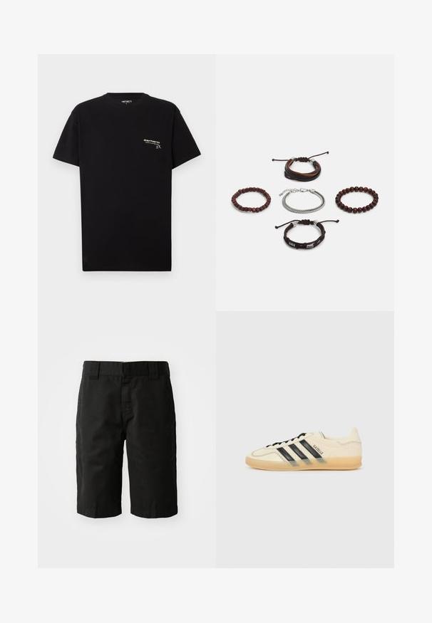 Zwarte katoenen T-shirt met korte mouwen, ronde hals en een klein wit logo gedrukt op de linkerkant van de borst.; Zwarte katoenen shorts met een rechte snit, riemlussen en een vlakke voorkant. Voorzien van zijzakken en een gladde textuur.; Lichte crèmekleurige sneaker met zwart drievoudig streepdesign, gestructureerde bovenkant, ronde neus en gumrubberen zool. Heeft veters en merklogo op de zijkant.; Set van vijf armbanden met bruin leer, houten kralen en een zilveren ketting; verschillende texturen en vormen, met verstelbare sluitingen.