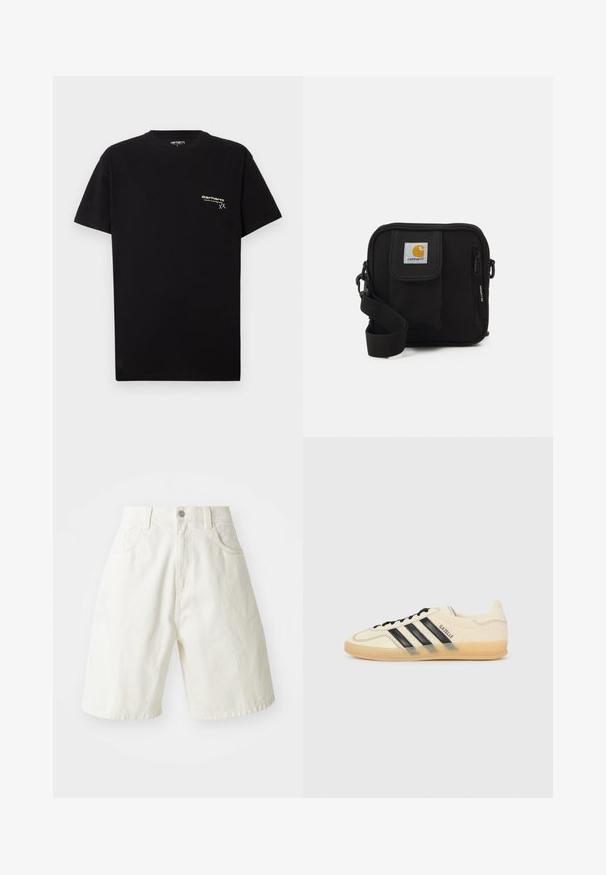T-shirt di cotone nero con maniche corte, scollatura rotonda e un piccolo logo bianco stampato sulla zona sinistra del petto.; Shorts in denim bianco con vestibilità rilassata, dotati di una vita, cinque tasche e gambe dritte. Il tessuto presenta una leggera trama.; Sneaker di colore crema chiaro con design a tre strisce nere, tomaia testurizzata, punta rotonda e suola in gomma. Presenta lacci e branding sul lato.; Borsa a tracolla nera con un compartimento principale con zip, tasca frontale, tracolla regolabile e una patch del logo visibile sul risvolto.