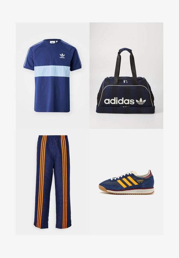 Tamsiai mėlyna marškinėliai su šviesiai mėlyna horizontalia juostele, trumpomis rankovėmis, apvaliu kaklu, Adidas logotipu krūtinėje ir kontrastingomis peties juostelėmis.; Tamsiai mėlynos kelnės su viso paviršiaus raštu, abiejose pusėse einančiomis trimis ryškiomis oranžinėmis juostomis. Viršuje yra elastinga juosmens juosta.; Jūrinis nubuko sportbačių modelis su geltonomis juostelėmis, baltais raišteliais ir bordo akcentais. Su tekstūruota padanga su grioveliais, užtikrinančiais sukibimą. Prekės ženklas ant šono.; Navy spalvos sportinis krepšys su baltu Adidas logotipu, turintis užtrauktuką viršuje, du tvirtus juodus rankenėles ir šonines tinklines kišenes. Sklandus audinio tekstūros paviršius.