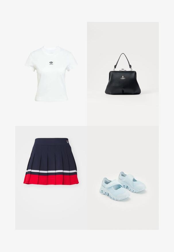Bjela pamučna majica kratkih rukava s okruglim izrezom. Ima crni Adidas logo otisnut na prsima. Jednostavan, minimalistički dizajn.; Mornarska plisirana suknja s širokim pojasom, koja ima crvene i bijele horizontalne pruge na rubu i oznaku loga na pojasu.; Svijetloplave tenisice s mrežastom tkaninom, istaknutim prorezima u potplatu i čičak trakom preko vrha za sigurno prianjanje.; Crna kožna torbica s teksturiranom površinom, srebrnim hardverom, kopčom za zatvaranje i kratkom ručkom za nošenje. Kompaktna i strukturirana dizajn.