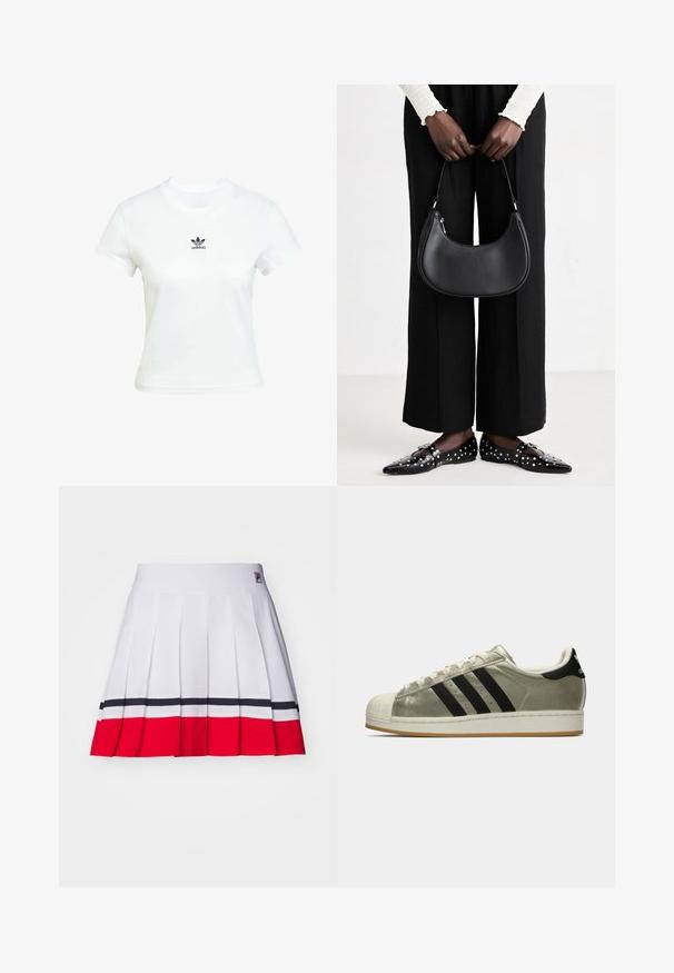 Bjela pamučna majica kratkih rukava s okruglim izrezom. Ima crni Adidas logo otisnut na prsima. Jednostavan, minimalistički dizajn.; Plisirana suknja od bijelog materijala s horizontalnim crvenim i mornarskoplavim prugama na rubu, s glatkim pojasom i oznakom loga.; Adidas tenisice s metalik maslinastim gornjim dijelom, tri crne pruge, gumeni zaštitni dio na prstima i guma potplat. Klasičan dizajn s teksturiranom tkaninom.; Crna kožna torba preko ramena zaobljenog oblika, s sjajnom završnom obradom i srebrnim hardverom. Osoba nosi crne hlače širokog kroja i loaferice sa studovima.