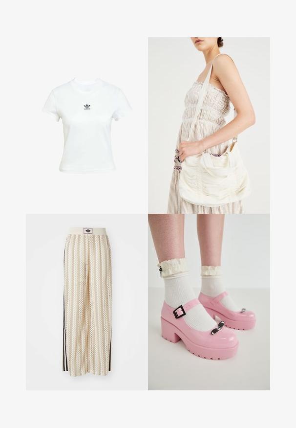 White cotton t-shirt with short sleeves and a crew neckline. Features a black Adidas logo printed on the chest. Simple, minimal design.; Cream-colored wide-leg pants with a zigzag pattern, featuring a black logo waistband and side black stripes. Lightweight, textured fabric.; Pink patent platform shoes with a rounded toe, adjustable buckle, and black cat eye accents, paired with white ribbed socks and ruffled edges.; White fabric shoulder bag with gathered texture, adjustable strap, and silver hardware. Displayed alongside a cream-colored dress.