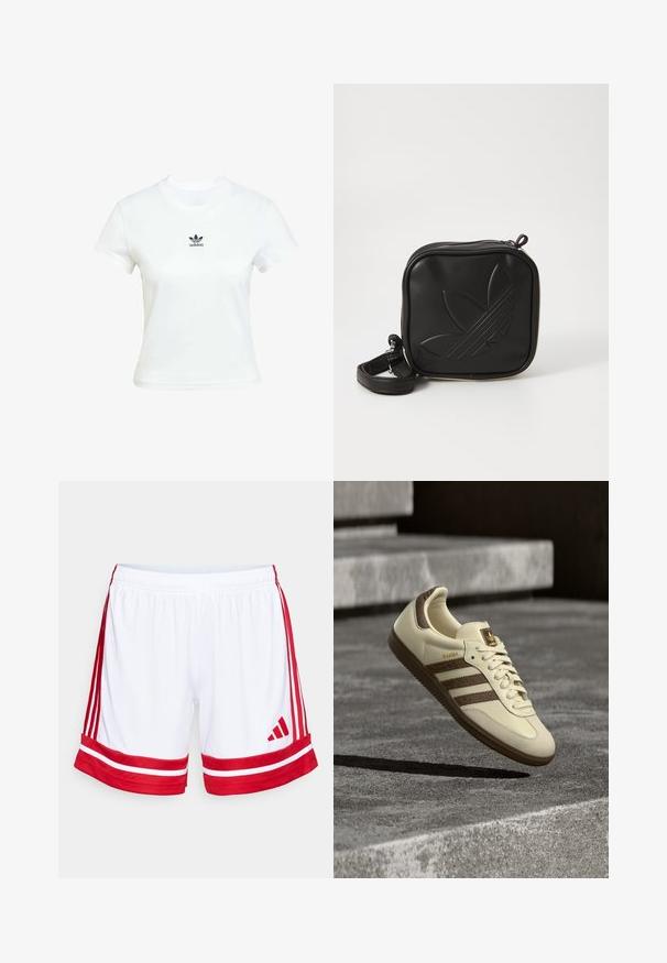 Bjela pamučna majica kratkih rukava s okruglim izrezom. Ima crni Adidas logo otisnut na prsima. Jednostavan, minimalistički dizajn.; Bijele sportske kratke hlače s crvenim bočnim trakama i obrubom. Imaju elastičnu traku u struku i crveni Adidas logo na donjoj lijevoj strani.; Tenisica krem boje sa smeđim detaljima, teksturiranim bočnim prugama i glatkom kožnom završnom obradom. Ima pertlanje i gumeni potplat.; Crna kvadratna torbica preko tijela napravljena od teksturiranog sintetičkog materijala. Ima urezani dizajn logotipa i podesivu traku. Zatvaranje na patentni zatvarač.