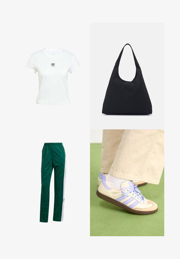 White cotton t-shirt with short sleeves and a crew neckline. Features a black Adidas logo printed on the chest. Simple, minimal design.; Green athletic pants with a smooth texture, elastic waistband, white side stripes, and subtle logo detail on the lower leg.; Cream and lavender sneakers with three stripes and a textured brown sole, featuring laces and a padded heel. Soft fabric upper.; Black fabric bag with a single, wide shoulder strap. Soft, semi-structured shape and smooth texture; minimal design, without visible hardware.