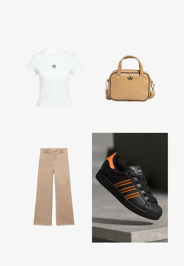 White cotton t-shirt with short sleeves and a crew neckline. Features a black Adidas logo printed on the chest. Simple, minimal design.; Beige wide-leg jeans with a frayed hem, made from cotton. Features a button closure and belt loops, offering a loose fit and casual style.; Black sneaker with orange accents, three horizontal stripes, textured leather upper, rubber toe cap, and black laces.; Tan vegan leather bag with two handles, detachable shoulder strap, black accent stitching, and a small black logo on the front.