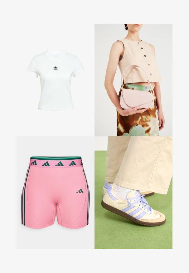 Weißes Baumwoll-T-Shirt mit kurzen Ärmeln und Rundhalsausschnitt. Verfügt über ein schwarzes Adidas-Logo, das auf der Brust gedruckt ist. Einfaches, minimalistisches Design.; Rosa Sportshorts aus einem dehnbaren, glatten Material, mit grünen und schwarzen vertikalen Streifen an den Seiten und einem passenden Bund.; Cremefarbene und lavendelfarbene Sneakers mit drei Streifen und einer strukturierten braunen Sohle, ausgestattet mit Schnürsenkeln und einer gepolsterten Ferse. Obermaterial aus weichem Stoff.; Rosa Lederhandtasche mit gewölbtem Deckel, einem Schulterriemen und klaren Linien. Die Tasche zeigt eine glatte Textur und ein minimalistisches Design.