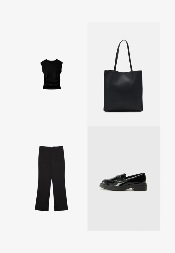 Černý top s krátkým rukávem s přiléhavým střihem, který má na bocích nařasené detaily a hladkou, elastickou látku pro pohodlí.; Černé kalhoty s rovným střihem, s předními kapsami a bočními rozparky na lemu. Vyrobené z jemné, hladké tkaniny. Vhodné na různé příležitosti.; Černé lakované kožené mokasíny s tlustou černou gumovou podrážkou, s prošívanou špičkou a hladkým, lesklým povrchem.; Černá kožená taška přes rameno s hladkým povrchem, obdélníkovým tvarem a dvěma dlouhými uchy. Žádné viditelné kování ani ozdoby.