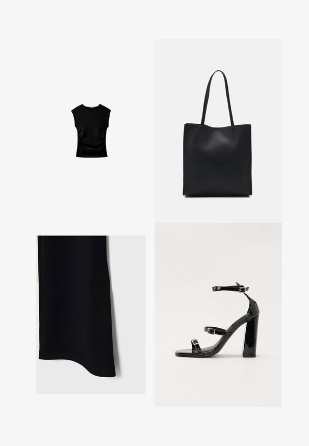 Črn kratkotrajni top s prilegajočo silhueto, ki se ponaša z nabranimi stranskimi detajli in gladkim, raztegljivim materialom za udobje.; Črne športne hlače z gladko teksturo, ukrivljenim robom, stranskim žepom in kontrastnim šivom, zasnovane za udobje in gibljivost.; Črne lakirane sandale s peto, kvadratnim prstom, trakovi okrog gležnja in srebrnimi zaponkami. Opremljene so s stabilno Debelo peto.; Črna usnjena torba s svilnato teksturo, pravokotne oblike in dvema dolgima ročajema. Brez vidnih metalnih delov ali okrasnih elementov.