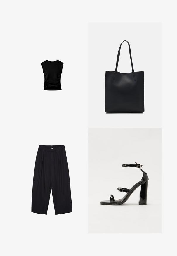 Top corto nero a maniche corte con una silhouette aderente, caratterizzato da dettagli arricciati ai lati e un tessuto liscio e elasticizzato per il comfort.; Pantaloni culotte neri in poliestere con una cintura elastica, due pieghe frontali e una silhouette ampia. Nessun motivo visibile o dettagli in metallo.; Sandali con tacco in vernice nera, con punta squadrata, cinturini alla caviglia e fibbie in argento. Presentano un tacco a blocco spesso per maggiore stabilità.; Borsa tote in pelle nera con texture liscia, forma rettangolare e due manici lunghi. Nessun hardware o decorazione visibile.