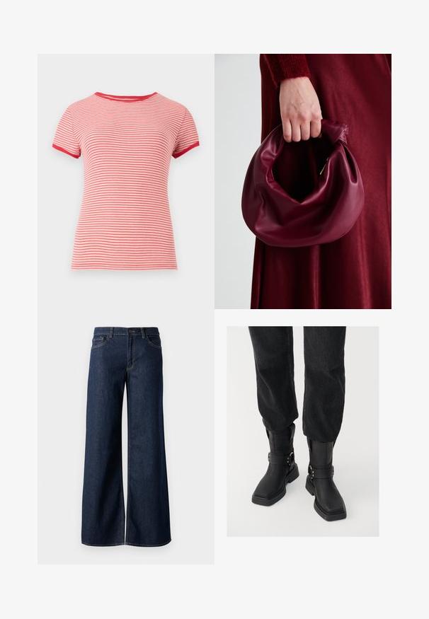 Rdeča in bela črtasta kratkoročna majica s krožnim izrezom in kontrastnim rdečim obrobom na rokavih in ovratniku, izdelana iz ribane tkanine.; Široke hlače iz temnega modrega denima. Imajo kontrastno šivanje, pet žepov in gumbasto zapiranje v pasu. Gladka tekstura.; Črne usnjene gležnjarje s kvadratnim nosom, ki vsebujejo širok trak in podrobnost z metalno zaponko. Gležnjarji imajo debelo podplat in gladko teksturo.; Bordo usnjeni ročni torbici s mehak, nabrana zasnova in okrogla oblika. Ročaj je varen in prikazuje gladko teksturo.