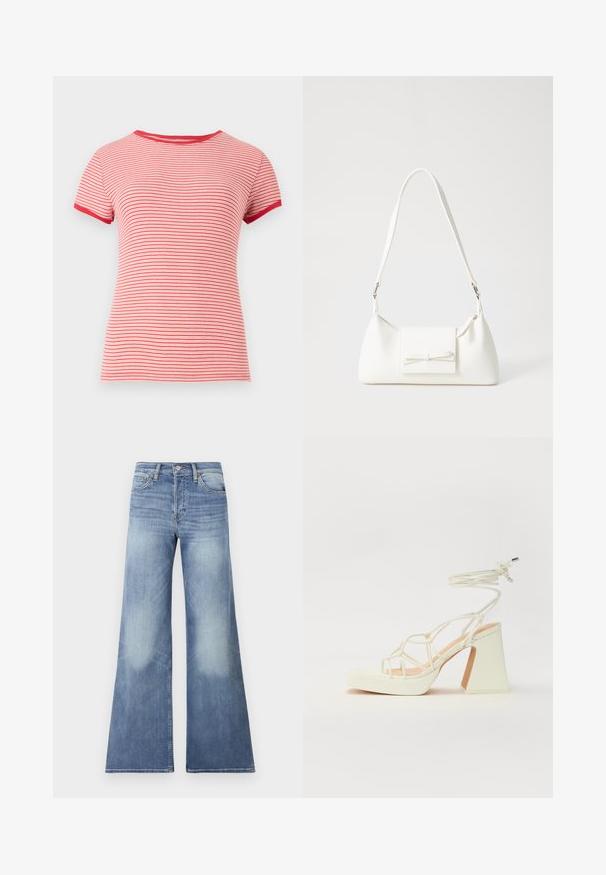 Red and white striped short-sleeved t-shirt with a round neckline and contrasting red trim on sleeves and collar, made from ribbed fabric.; Light blue denim wide-leg jeans with a high waist, featuring fading details and stitched accents, designed for a relaxed fit.; White high-heeled sandal with a chunky heel, featuring a strappy design and ankle tie. Smooth texture with a platform front for added height.; White synthetic handbag with a triangular shape, flat front flap and bow detail, adjustable strap, smooth texture, and minimalistic design.