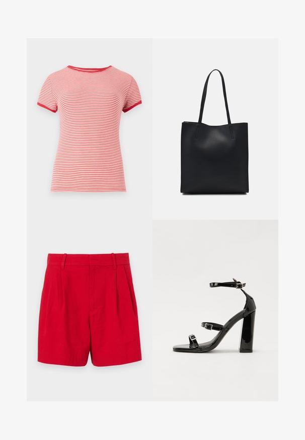Rødt og hvitt stripete kortermet t-skjorte med rund hals og kontrasterende røde kantbånd på ermene og kragen, laget av ribbestrikket stoff.; Røde linshorts med høy midje, featuring frontfolder, beltestropper og en jevn tekstur. Regulær passform med et rent, skreddersydd design.; Svart høyglans sandaler med hæl, firkantet tå, ankelremmer og sølvspenner. Har en kraftig blokkhæl for stabilitet.; Svart lær tote bag med glatt tekstur, rektangulær form og to lange håndtak. Ingen synlige deler eller dekorasjoner.