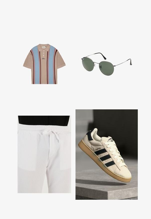 Lühikeste varrukatega polo särk, millel on beež põhi ja sinised ning burgundiaad vertikaalsed triibud, tekstuuriga kangas, kolme nupuga kaelus ja tikitud logo.; Buratti Püksid - white; Beež nahast tossud kolme tumesinise triibuga, valged nöörid ja pruun kummitald. Omab logo keelel ja teksti "CAMPUS".; Metallist raamistikuga prillid ovaalsete roheliste läätsedega. Õhuke hõbedane metallraam ja mustad kõrvakatted. Minimalistlik disain, nähtavad logod puuduvad.