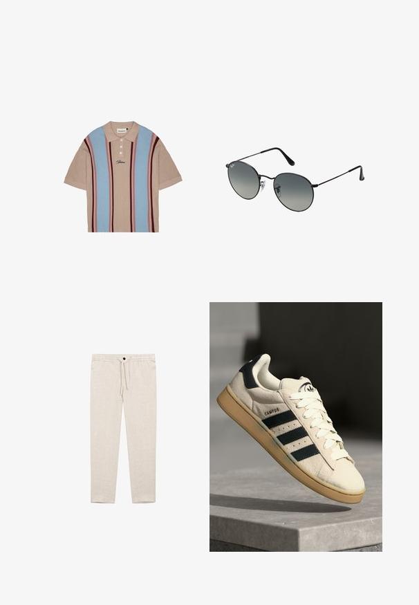 Korte mouwen poloshirt met een beige basis, voorzien van verticale strepen in blauw en bordeauxrood, gestructureerde stof, een drieknoopssluiting en geborduurd logo.; Massimo Dutti TOTAL LOOK - Chino - beige; Beige suède sneaker met drie donkerblauwe strepen, witte veters en een tan rubberen zool. Bevat een logo op de tong en de tekst "CAMPUS".; Zwarte metalen zonnebril met ronde gradient lenzen, voorzien van dunne pootjes en transparante neuspads voor een comfortabele pasvorm.