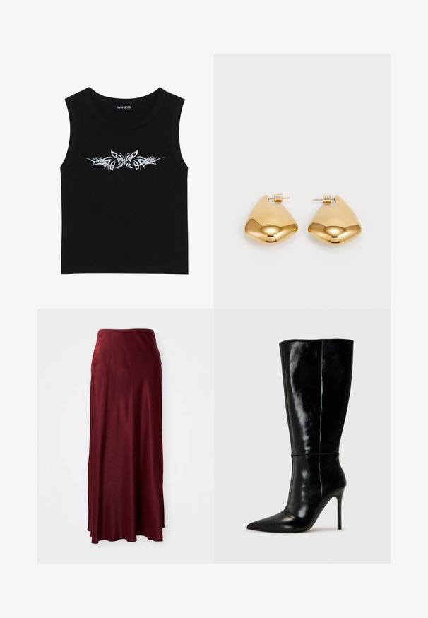 Svart ermeløs topp laget av bomull; har metallisk sølv sommerfugl og tribal mønsterdesign over brystet. Rund hals.; Burgunderfarget, lang maxiskjørt laget av glatt, lett materiale med en lett glans. Har en tettsittende midje og flytende design.; Sorte skinnkne-høye støvler med spiss tå og høye stiletthæler. Glatt tekstur og elegant design, med minimal detaljering.; Øreringer i gulltone laget av metall, med en glatt, avrundet trikantform og stift-bakdesign; reflekterende overflate med minimal detaljer.