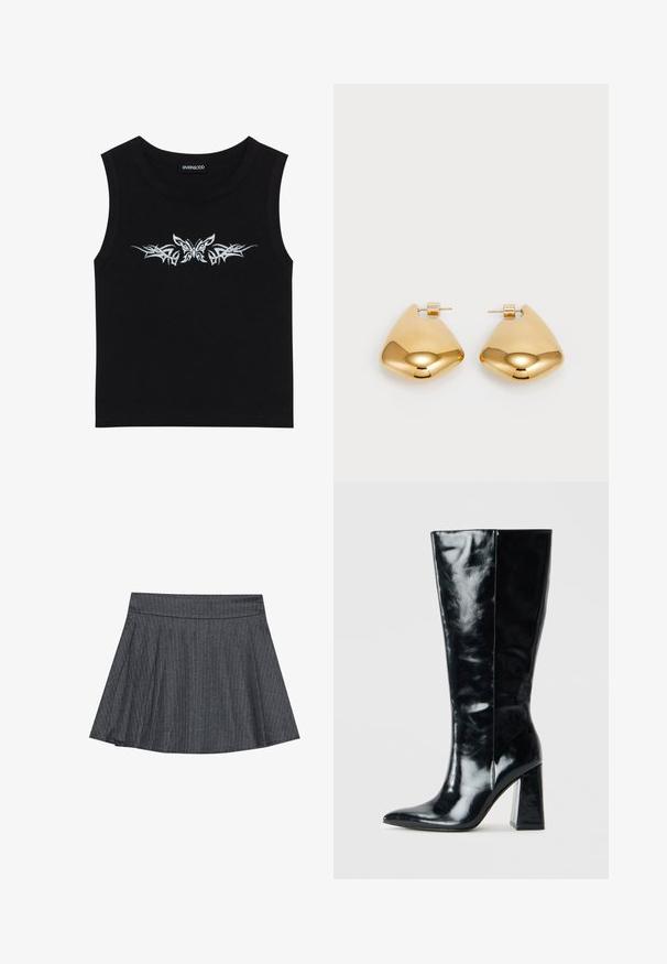 Crni bezrukavni top od pamuka; sadrži metalik srebrni dizajn leptira i tribalnog uzorka preko grudi. Okrugli izrez.; Sivi suknja na preklop s prugicama, s prilagođenim pojasom, raširenim A-linijom i mekom teksturom materijala. Vertikalne linije povećavaju vizualni interes.; Crne čizme do koljena od sjajne kože, s oštrim vrhom i debelim geometrijskim potplatom s glatkom teksturom.; Zlatne metalne naušnice sa glatkim, zaobljenim trokutastim oblikom i dizajnom s postavljanjem na poleđini; reflektirajuća površina s minimalnim detaljima.