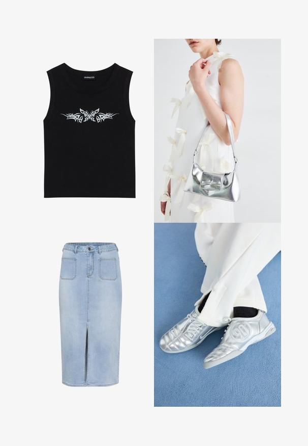 Zwarte mouwloze top van katoen; met een metallic zilveren vlinder en tribale patroonontwerp over de borst. Ronde halslijn.; Lichtblauwe denim midi-skirt met een voorkleur, vijf zakken en een fitted taille met riemlussen en een knoopsluiting.; Zilveren sportschoenen met een gladde, glanzende afwerking, voorzien van een gestikt ontwerp en het nummer 90 aan de zijkant, gecombineerd met witte broek.; Zilveren metallic handtas met een gestructureerde vorm, voorzien van een bovenhandvat en een strikdetail aan de voorkant. Gladde textuur, reflecterende afwerking.; Zilveren oorbellen in de vorm van een gladde, gepolijste ring. Ronde vorm met een veilige kliksluiting. Lichtgewicht ontwerp, geschikt voor dagelijks gebruik.