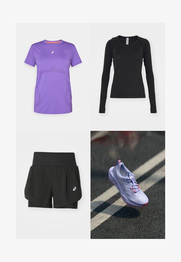 Violet sportinis marškinėliai, pagaminti iš kvėpuojančios medžiagos. Turi apvalią iškirptę, trumpas rankoves ir subtilų toninį raštą priekyje.; Juoda ilgomis rankovėmis marškinėliai, pagaminti iš minkštos medžiagos. Suapvalintas kaklas ir raglano tipo rankovės su išpjovomis nykščiams ant rankogalių. Minimalistinis dizainas.; Juodos sportinės šortai su kvėpuojančia tinklelio danga, vidiniais šortais su lygiu paviršiumi ir baltu logotipu kairėje pusėje.; Šviesiai violetiniai bėgimo batai su tekstūruotu paviršiumi, rožiniais akcentais, apvaliu raištelių mechanizmu ir dėmėta minkštimo dalimi, pakelti virš asfalto fono.