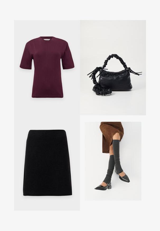 Kortermet burgunder t-skjorte laget av glatt bomullsstoff, med rund hals og subtil sømdetaljering på fronten.; Svart miniskjørt laget av myk stoff, med rett kutt og sømløs midjebånd, uten synlige lukkinger eller mønstre.; Sorte lakkpumps med spiss tå, blokkhel, og ankelstropp, kombinert med grå ribbestrikkede beinvarmere og et brunt semsket skinn skjørt.; Svart faux skinn-håndveske med krokodilletekstur, strammet topp og en rynket stropp. Ser myk og kompakt ut i designen.