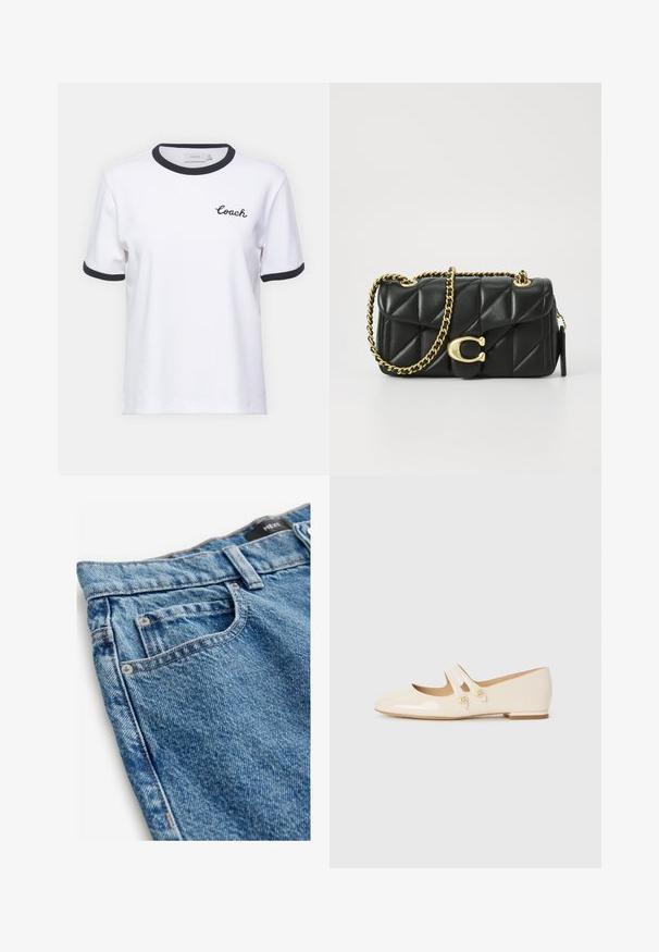 Balta kokvilnas T-kreklā ar melnu apkakli un piedurknēm. Uz krūts ir izšūts "Coach" logo. Īsās piedurknes, brīva piegriezuma.; Denim džinsi vidēji zila krāsā ar nolobītu tekstūru. Iekļauj piecus kabatas, vara kniedes un izšūtas detaļas gar šuvēm.; Ivoza patenta ādas baleta kurpes ar divām dekoratīvām jostām un zelta pogām, ar noapaļotu pirkstu un zemu blokveida papēdi.; Melnas, quiltotas ādas rokassomiņa ar zelta ķēdes siksnu un slēgšanu ar cilpu, kas ir aprīkota ar apaļu akcentu. Kompakta, taisnstūra forma.