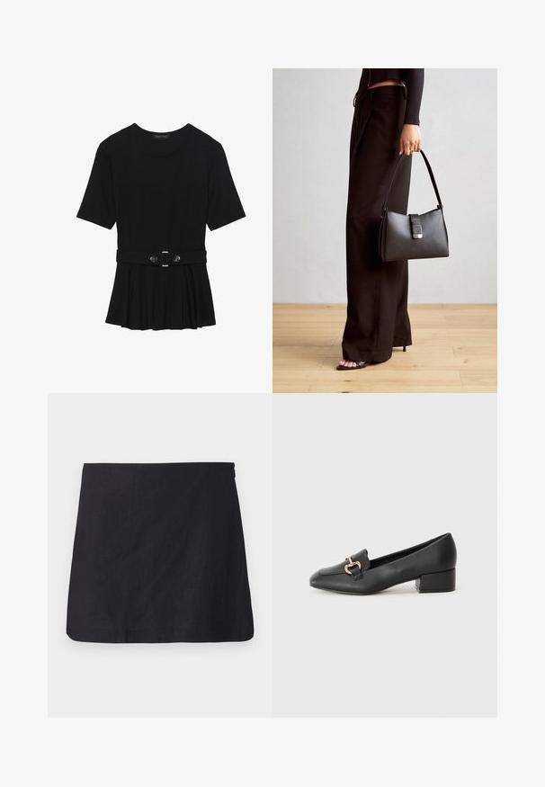 Top corto nero a maniche corte realizzato in materiale liscio, con design peplum e vita cintata adornata da due bottoni tondi in tono argento.; Gonna mini in lino nera con taglio dritto, orlo pulito e texture sottile. Presenta una zip laterale per la chiusura.; Mocassini in pelle nera con tacco piatto, dotati di un dettaglio decorativo in metallo dorato nella parte anteriore e una superficie liscia.; Borsa nera con forma strutturata, texture liscia e una chiusura metallica. Abbinata a pantaloni neri larghi e sandali open-toe su un pavimento in legno.