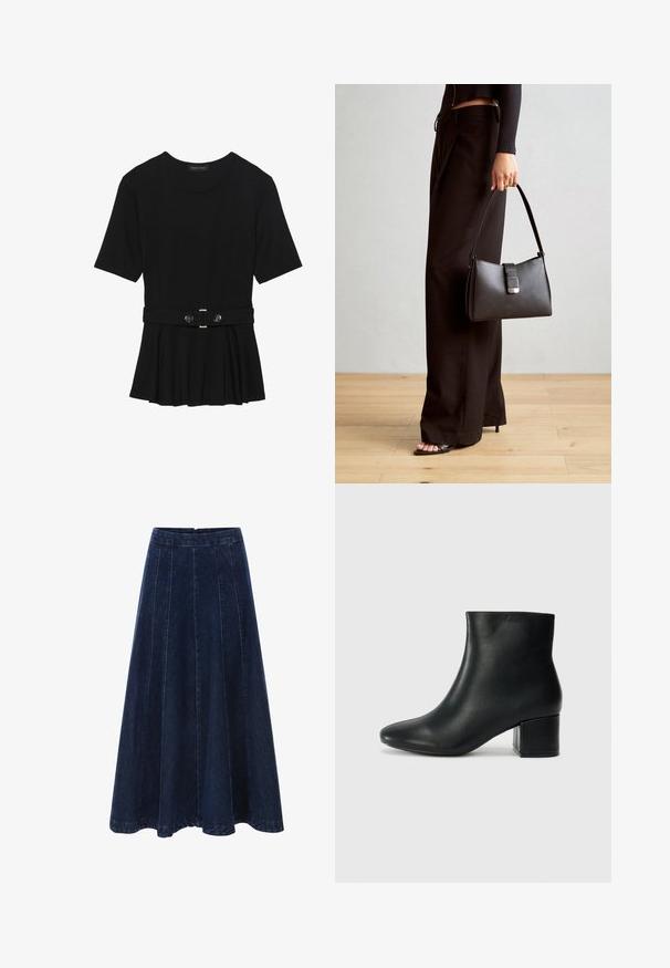 Must mustriga lühikeste varrukatega tipp, valmistatud siledast materjalist, millel on peplum-disain ja vöödiga talje, millel on kaks ümmargust, hõbedase tooni nuppu.; Tumesinine teksaskoor, millel on klanitud vöökoht, laienev disain ja vertikaalsed õmblused struktuuri loomiseks. Ühtlane tekstuur kogu ulatuses.; Mustad nahast pahkluu saapad terava varbaga ja jämeda kandaga. Sile tekstuur minimaalse aktsentidega ja stiilne, lihvitud disain.; Must musta kott, millel on struktureeritud kuju, sile tekstuur ja metallist klamber. Kombineeritud laiate mustade pükstega ja avatud varvaste sandaalidega puidust põrandal.