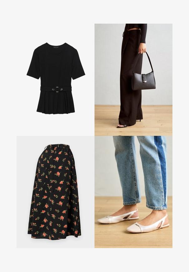 Černé krátké tričko vyrobené z hladkého materiálu, s peplum designem a opaskem v pase, ozdobené dvěma kulatými, stříbrnými knoflíky.; Černá květinová sukně s regulovatelným pasem, zdobená červenými a zelenými květinovými vzory, s volným a lehkým materiálem.; Světle růžové slingback baleríny s špičatou špičkou, vyrobené z hladkého koženému materiálu. Obsahují vystřihovací detaily po stranách a plochý podpatek.; Černá kabelka se strukturovaným tvarem, hladkým povrchem a kovovým uzávěrem. Kombinována s širokými černými kalhotami a sandály s otevřenou špičkou na dřevěné podlaze.