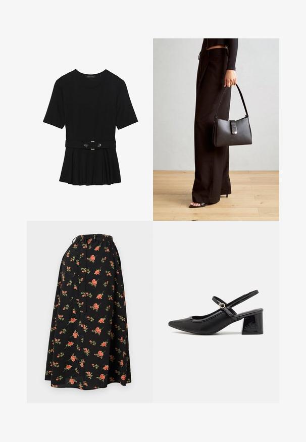 Črn kratek rokav srajca iz gladkega materiala, z obliko pepluma in pasom s pasom ter dvema okroglega srebrno-toniranima gumboma.; Črno cvetlično krilo z vrvico v pasu, ki ima rdeče in zelene cvetne vzorce ter lahkotno, tekočo teksturo.; Črne patentne usnjene salonarce s slingback obliko, s koničastim nosom, zaobljenim izrezom in blok peto. Imajo zlato kovinsko zaponko kot dodatno okrasje.; Črna torbica z strukturirano obliko, gladko teksturo in kovinskim zaponko. Ujemajo se z širokimi črnimi hlačami in odprtimi sandali na lesenem tleh.
