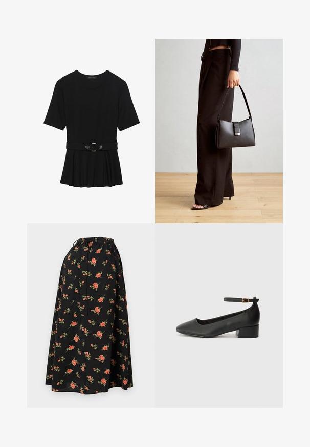 Top negro de manga corta fabricado en un material suave, con un diseño de peplum y una cintura ceñida con un cinturón que incluye dos botones redondos en tono plateado.; Falda negra con flores y cintura ajustable por cordón, que presenta patrones de flores rojas y verdes y una textura ligera y fluida.; Zapato de tacón negro de cuero con punta afilada y tacón bajo cuadrado. Presenta una correa para el tobillo con una hebilla en tono dorado. Textura suave.; Bolso negro con forma estructurada, textura suave y un cierre metálico. Combinado con pantalones anchos negros y sandalias de dedo en un suelo de madera.