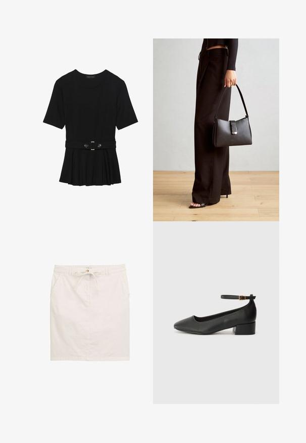 Melnas īsām piedurknēm topiņš, izgatavots no gludas materiāla, ar pepluma dizainu un jostu ar divām apaļām sudraba krāsas pogām.; Balta kokvilnas svārki ar šņorējamu vidu, divām sānu kabatām un taisnu griezumu. Diskreta tekstūra ar gludu apdari.; Melnas ādas sūkņi ar smailu purngalu un zemu bloku papēdi. Iezīmēts ar potītes siksniņu ar zelta krāsas sprādzi. Gluda tekstūra.; Melnā somiņa ar strukturētu formu, gludu tekstūru un metālu sprādzi. Saskaņota ar platām melnām biksēm un sandālēm ar atvērtu purngalu uz koka grīdas.