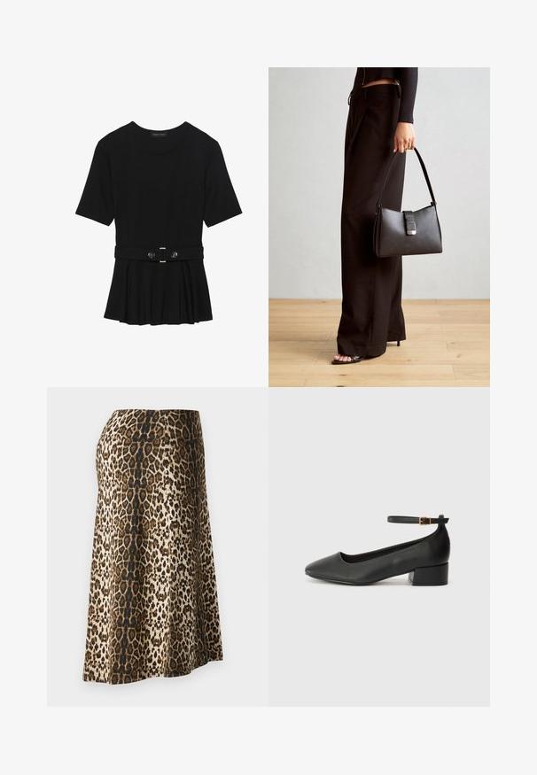 Svart kortermet topp laget av glatt materiale, med en peplum-design og en belted midje med to runde knapper i sølvfarge.; Pantermønster skjørt med en myk, glatt tekstur; fargene inkluderer beige, svart og brun; ankel-lengde med en tettsittende midje.; Sorte skinnpumper med spiss tå og lav blokkhelt. Har ankelrem med gullfarget spenne. Glatt tekstur.; Svart håndveske med strukturert form, jevn tekstur og metallisk lås. Kombinert med brede svarte bukser og sandaler med åpen tå på tregulv.