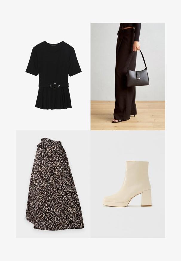 Schwarzes Kurzarmoberteil aus glattem Material, mit einem Peplum-Design und einem taillierten Bund, der mit zwei runden, silberfarbenen Knöpfen ausgestattet ist.; Maxi-Rock im Leopardenmuster in Braun und Schwarz, aus weichem Stoff, mit einem gebundenen Taillenbund und einem plissierten Design für eine fließende Silhouette.; Beige Leder-Stiefelette mit Blockabsatz und Plateau-Sohle, glatte Oberfläche und leicht quadratische Zehenpartie, nach links auf weißem Hintergrund.; Schwarze Handtasche mit strukturierter Form, glatter Textur und einem metallischen Verschluss. Kombiniert mit weiten schwarzen Hosen und offenen Sandalen auf einem Holzboden.