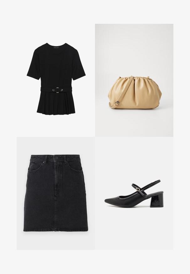 Svart kortermet topp laget av glatt materiale, med en peplum-design og en belted midje med to runde knapper i sølvfarge.; Svart denimskjørt med rett snitt, med frontknapp og glidelås, to frontlommer og enkle sømdetaljer.; Sorte lakk lær slingback hæler med spiss tå, et avrundet utskjæringsdesign og blokkheel. Har en gulltone spenne som detalj.; Brun lærveske med plisse-design, justerbar stropp og avrundet form. Minimalistisk merkevare på frontflaten.