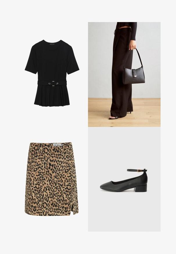 Top negru cu mâneci scurte, realizat dintr-un material neted, cu un design peplum și o talie beltată cu două butoane rotunde de culoare argintie.; Fustă mini cu imprimeu leopard, confecționată dintr-un material moale, cu o bază bej și pete negre, slit lateral și o închidere discretă cu fermoar la spate.; Pantof cu toc negru din piele, cu vârf ascuțit și toc mic pătrat. Dispune de o curea la gleznă cu o cataramă în tonuri de aur. Textură netedă.; Genți negre cu o formă structurată, textură netedă și un închizător metalic. Asortată cu pantaloni negri largi și sandale cu vârf deschis pe un podea din lemn.