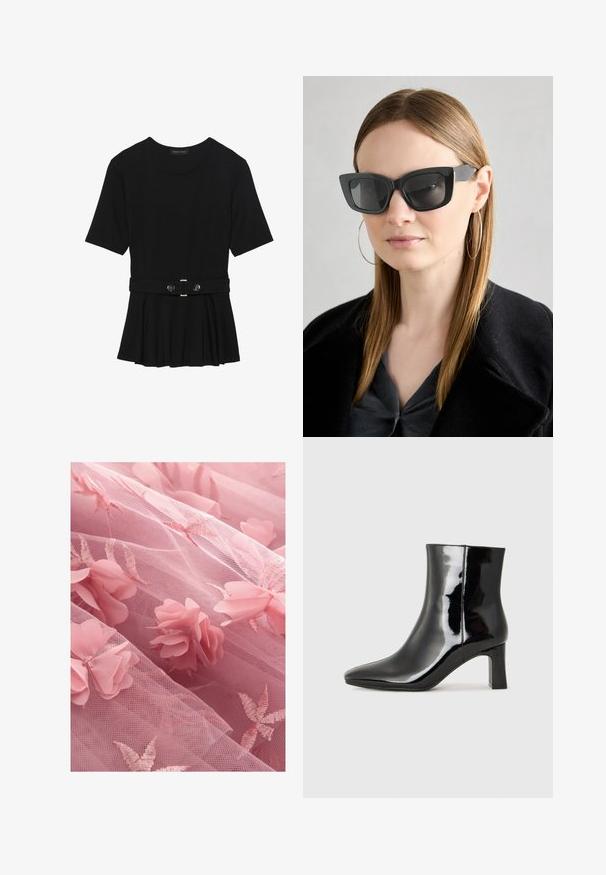 Schwarzes Kurzarmoberteil aus glattem Material, mit einem Peplum-Design und einem taillierten Bund, der mit zwei runden, silberfarbenen Knöpfen ausgestattet ist.; Rosa Tüllstoff mit floralen Applikationen und gestickten Blattmustern, mit einer weichen, durchsichtigen Textur und geschichteter Optik.; Schwarzer Lackleder-Stiefelette mit spitzer Zehe und einem mittelhohen Blockabsatz. Glatte Textur und minimalistisches Design.; Schwarze Katzenaugen-Sonnenbrille mit dunklen Gläsern, dicken Rahmen und subtilen Akzenten. Getragen mit einem schwarzen Mantel und einem grauen Oberteil, dazu lange, glatte Haare.