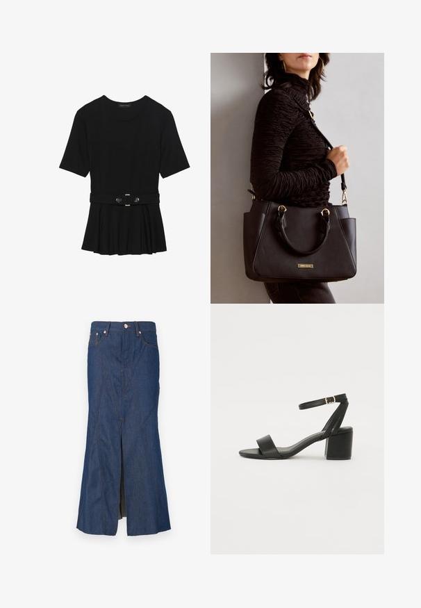 Schwarzes Kurzarmoberteil aus glattem Material, mit einem Peplum-Design und einem taillierten Bund, der mit zwei runden, silberfarbenen Knöpfen ausgestattet ist.; Jeansrock mit hoher Taille, knielangem Schnitt, kontrastierenden orangefarbenen Nähten und einem Schlitz vorne für mehr Bewegungsfreiheit.; Schwarze High Heels Sandalen mit einem glatten Lederoberteil, offener Zehenpartie, breiten Vorderstraps und verstellbarem Knöchelriemen mit einem goldenen Schnallen-Detail.; Schwarze Handtasche mit strukturierten Oberflächen, doppelten Obergriffen und verstellbarem Schultergurt. Mit goldfarbener Hardware und Seitentaschen.