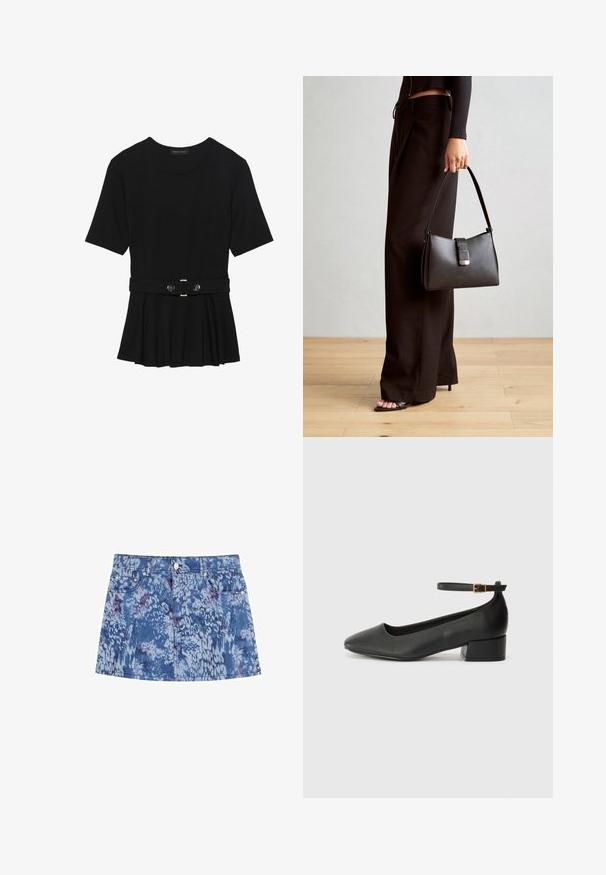 Sort kortærmet top lavet af glat materiale, med en peplum-design og en bælte i taljen med to runde, sølvfarvede knapper.; Denim mini skirt med et blå og lilla tie-dye mønster, fem-lomme design og frontknaplukning med sølvhardware.; Sorte læderpumper med spids tå og en lav blokhæl. Har en ankelrem med en guldfarvet spænde. Glat tekstur.; Sort håndtaske med struktureret form, glat overflade og metalspænde. Sammen med brede sorte bukser og sandaler med åben tå på trægulv.