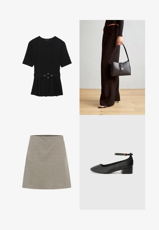 Black short-sleeve top made of smooth material, featuring a peplum design and a belted waist with two round, silver-tone buttons.; A-line skirt in gray with a small check pattern. Features a smooth texture and a clean waistband. Falls above the knee.; Black leather pump with a pointed toe and a low block heel. Features an ankle strap with a gold-tone buckle. Smooth texture.; Black handbag with structured shape, smooth texture, and a metallic clasp. Paired with wide black pants and open-toe sandals on wooden floor.