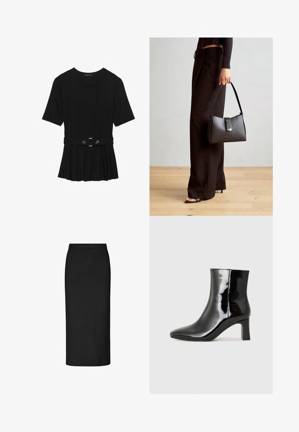 Melnas īsām piedurknēm topiņš, izgatavots no gludas materiāla, ar pepluma dizainu un jostu ar divām apaļām sudraba krāsas pogām.; Melna zīmuļa svārki, izgatavoti no elastīga auduma, ar augstu jostasvietu, taisnu piegriezumu, ceļu garumā, ar gludu tekstūru un bez redzamām rotājumiem.; Melnas patentētas ādas potīšu zābaki ar norādītu pirkstu un vidēja augstuma kvadrātveida papēdi. Gluda tekstūra un minimālisma dizains.; Melnā somiņa ar strukturētu formu, gludu tekstūru un metālu sprādzi. Saskaņota ar platām melnām biksēm un sandālēm ar atvērtu purngalu uz koka grīdas.