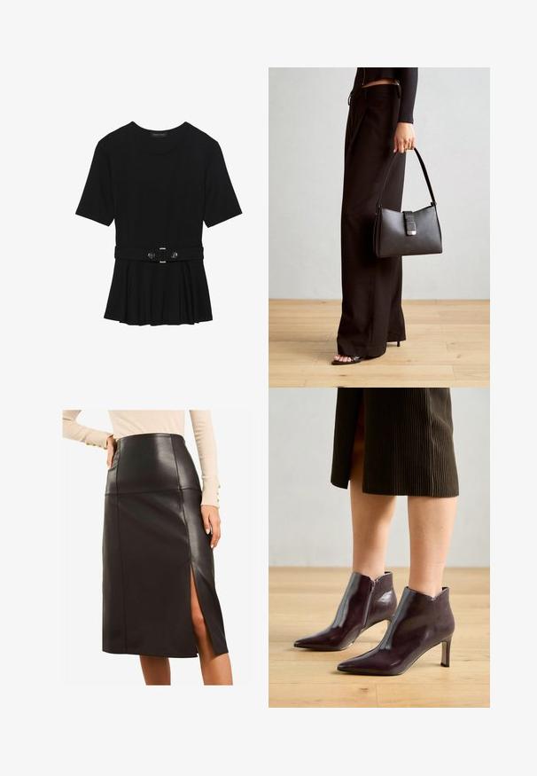 Fekete, rövid ujjú felső sima anyagból, peplum fazonnal és övvel a deréknál, két kerek, ezüst árnyalatú gombbal.; Fekete bőrmidi szoknya magas derékkal, oldalsó hasítékkal, letisztult designnal, sima textúrával és látható fém részletek nélkül.; Bordó bőr bokacsizma hegyes orral és vékony sarkal. Oldalsó cipzárral rendelkezik és sima, fényes textúrája van.; Fekete kézi táska strukturált formával, sima textúrával és fémből készült záródással. Széles fekete nadrággal és nyitott orrú szandállal párosítva, fából készült padlón.