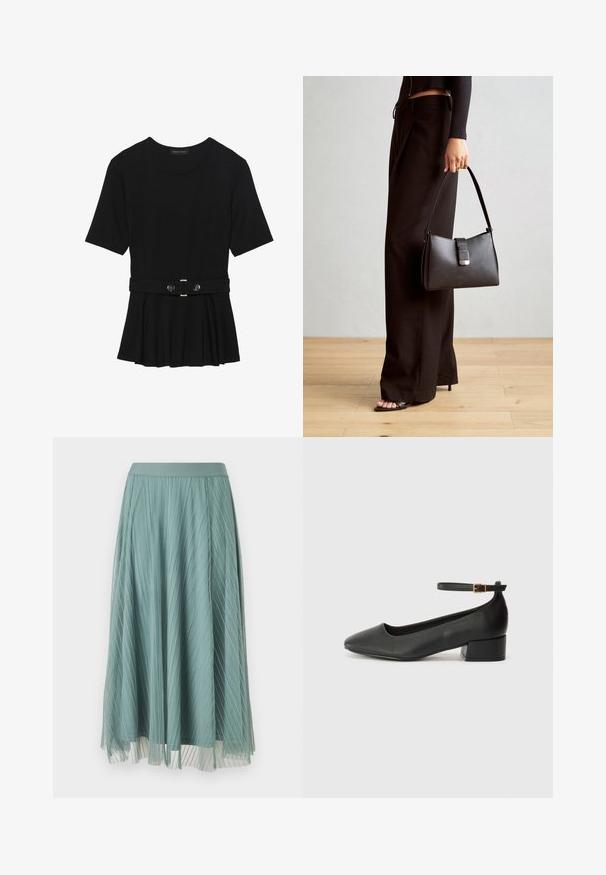 Haut noir à manches courtes fabriqué en matériau lisse, avec un design peplum et une taille ceinturée ornée de deux boutons ronds en métal argenté.; Jupe midi plissée de couleur bleu-vert atténué, fabriquée en tissu léger. Elle se caractérise par une taille lisse et une superposition transparente pour plus de texture.; Escarpin en cuir noir avec un bout pointu et un petit talon bloc. Doté d'une bride de cheville avec une boucle dorée. Texture lisse.; Sac à main noir à la forme structurée, texture lisse et fermoir métallique. Associé à un pantalon noir ample et des sandales ouvertes sur un sol en bois.