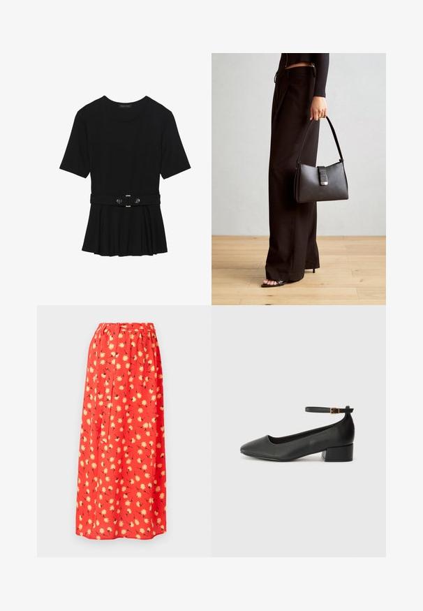 Haut noir à manches courtes fabriqué en matériau lisse, avec un design peplum et une taille ceinturée ornée de deux boutons ronds en métal argenté.; Jupe maxi rouge en tissu léger, ornée d'un motif floral avec des marguerites jaunes et des détails noirs. Ceinture élastique pour plus de confort.; Escarpin en cuir noir avec un bout pointu et un petit talon bloc. Doté d'une bride de cheville avec une boucle dorée. Texture lisse.; Sac à main noir à la forme structurée, texture lisse et fermoir métallique. Associé à un pantalon noir ample et des sandales ouvertes sur un sol en bois.