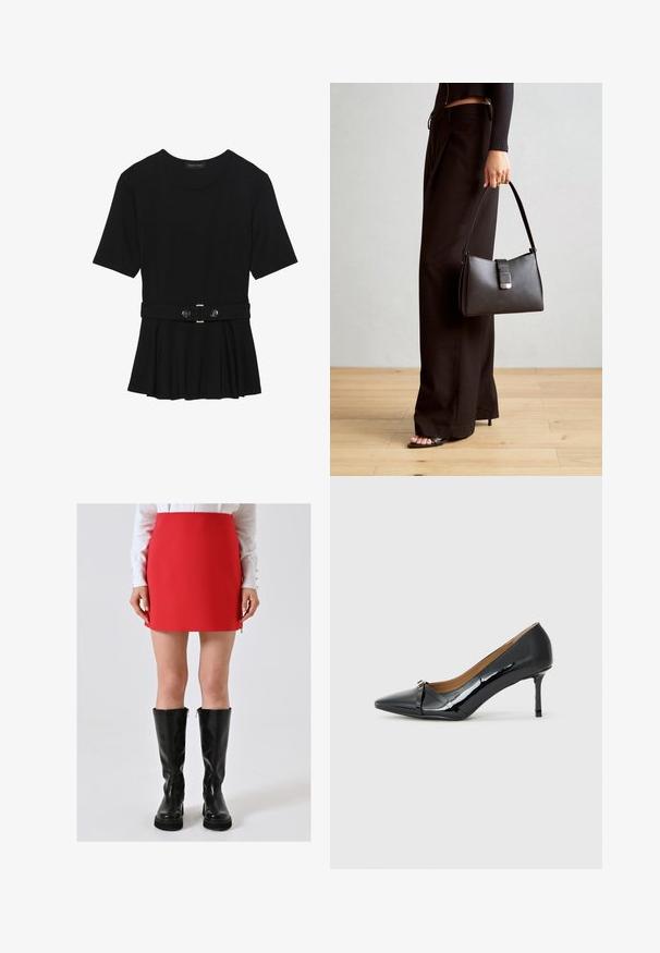 Schwarzes Kurzarmoberteil aus glattem Material, mit einem Peplum-Design und einem taillierten Bund, der mit zwei runden, silberfarbenen Knöpfen ausgestattet ist.; Frau in einem roten Minirock, kombiniert mit schwarzen kniehohen Lederstiefeln und einem weißen Langarmoberteil vor einem schlichten Hintergrund.; Schwarzer Lackleder-Pumps mit spitzem Zehenbereich, dekorativem Riemen vorne und schmalem Stiletto-Absatz.; Schwarze Handtasche mit strukturierter Form, glatter Textur und einem metallischen Verschluss. Kombiniert mit weiten schwarzen Hosen und offenen Sandalen auf einem Holzboden.