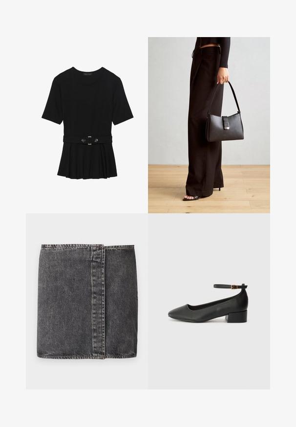 Fekete, rövid ujjú felső sima anyagból, peplum fazonnal és övvel a deréknál, két kerek, ezüst árnyalatú gombbal.; Sötétszürke farmer szoknya egyenes szabással, látható varrással az oldalson, és nyers szegéssel az alján.; Fekete bőr magassarkú cipő hegyes orral és alacsony tömb sarkal. Bokapánttal rendelkezik, aranyszínű csattal. Simább textúra.; Fekete kézi táska strukturált formával, sima textúrával és fémből készült záródással. Széles fekete nadrággal és nyitott orrú szandállal párosítva, fából készült padlón.