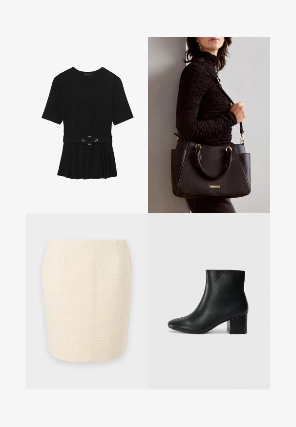 Črn kratek rokav srajca iz gladkega materiala, z obliko pepluma in pasom s pasom ter dvema okroglega srebrno-toniranima gumboma.; Tkana kremna pisana krila s teksturirano površino, ki ima ravno silhueto in subtilne vertikalne črte.; Črne usnjene gležnjarje s koničastim nosom in debelim peto. Gladka tekstura z minimalnimi detajli in eleganten, prilegajoč dizajn.; Črna torbica z teksturirano površino, z dvema zgornjima ročajema in nastavljivim ramenskim pasom. Ima zlatovrateče dodatke in stranske žepe.