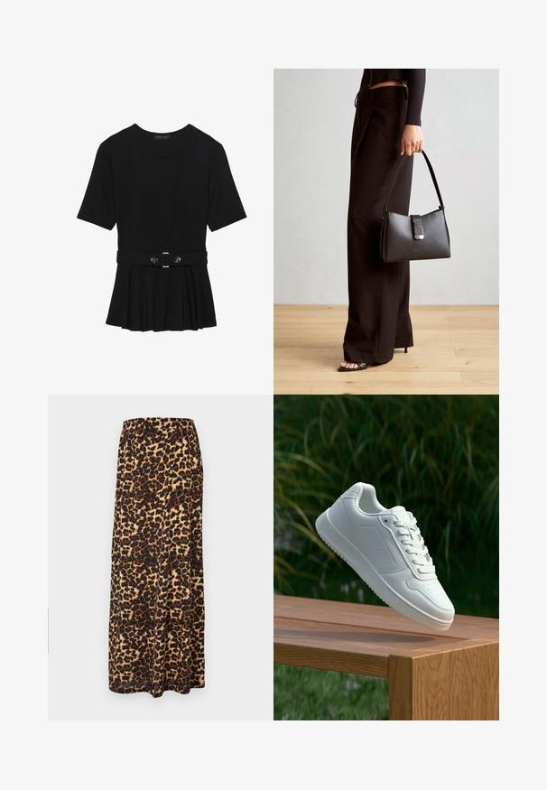 Zwart топ met korte mouwen van glad materiaal, voorzien van een peplum ontwerp en een riem in de taille met twee ronde, zilverkleurige knopen.; Maxi rok met luipaardprint, gemaakt van zachte stof, met een brede elastische tailleband, in zwart en bruin tinten met een vloeiende desig.; Witte sneaker met een gladde synthetische bovenkant, geperforeerde neus, platte veters en een gestructureerde zool, tentoongesteld op een houten oppervlak.; Zwarte handtas met gestructureerde vorm, gladde textuur en een metalen sluiting. Gecombineerd met brede zwarte broeken en sandalen met open teen op een houten vloer.