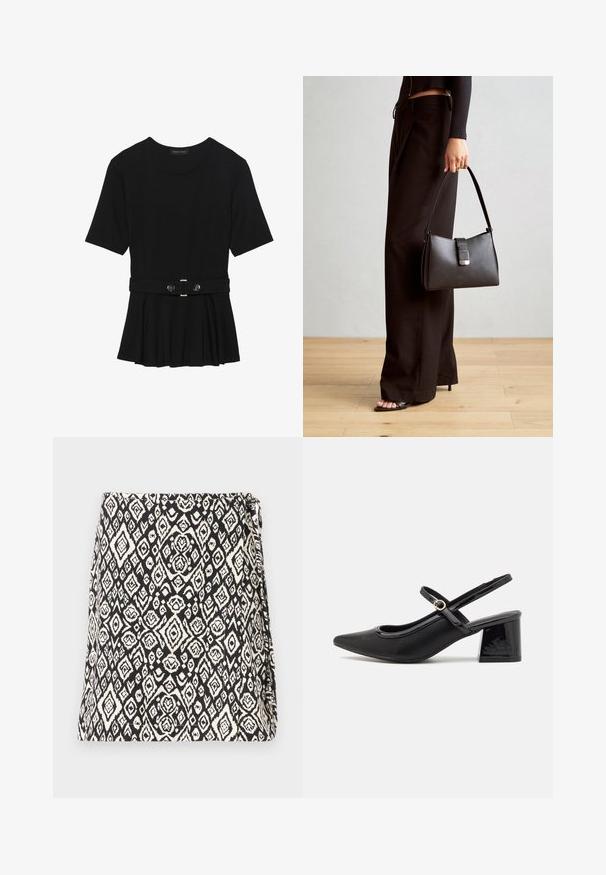 Top corto nero a maniche corte realizzato in materiale liscio, con design peplum e vita cintata adornata da due bottoni tondi in tono argento.; Borsa bianca e nera con un motivo geometrico a diamante, realizzata in tessuto con una finitura texture. Progettata con un'apertura a pattina.; Décolleté in vernice nera con cinturino dietro, punta affusolata, design con ritagli arrotondati e tacco a blocco. Presenta un accento di fibbia tono oro.; Borsa nera con forma strutturata, texture liscia e una chiusura metallica. Abbinata a pantaloni neri larghi e sandali open-toe su un pavimento in legno.