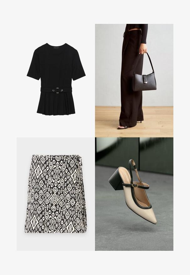 Must mustriga lühikeste varrukatega tipp, valmistatud siledast materjalist, millel on peplum-disain ja vöödiga talje, millel on kaks ümmargust, hõbedase tooni nuppu.; Mustvalge kott, millel on geomeetriline teemantmuster, valmistatud tekstuuriga kangast. Kujundatud klapiga avanemiseks.; Beesidega teravatoe slingback king, musta äär ja kuldne pandla, tummise plokk-kontsa peal hallil põrandal tumesinise tausta ees.; Must musta kott, millel on struktureeritud kuju, sile tekstuur ja metallist klamber. Kombineeritud laiate mustade pükstega ja avatud varvaste sandaalidega puidust põrandal.