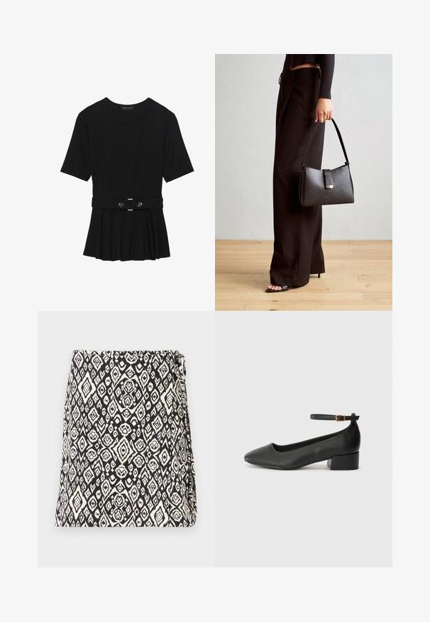Črn kratek rokav srajca iz gladkega materiala, z obliko pepluma in pasom s pasom ter dvema okroglega srebrno-toniranima gumboma.; Črno-bela torba z geometrijskim diamantom, izdelana iz tkanine z teksturirano površino. Zasnovana z odprtjem na preklop.; Črne usnjene pumpice z nazobčanimi prsti in nizko blokasto peto. Imajo trak okoli gležnja z zaponko v zlatem tonu. Gladka tekstura.; Črna torbica z strukturirano obliko, gladko teksturo in kovinskim zaponko. Ujemajo se z širokimi črnimi hlačami in odprtimi sandali na lesenem tleh.